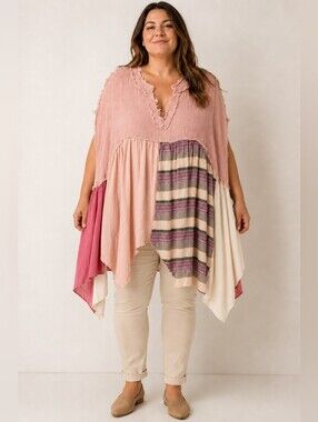 Oli & Hali XL Pink Patchwork Oversized Boho High Low Tunic Top